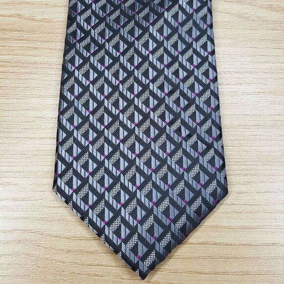PERRY ELLIS Mens Neck Tie Black Silver Geometric Diamond Modern Classic - Picture 1 of 6